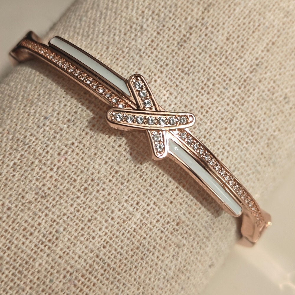 Rose Gold Tone X Crossover Bangle Bracelet White Enamel Pavé Crystal Accents